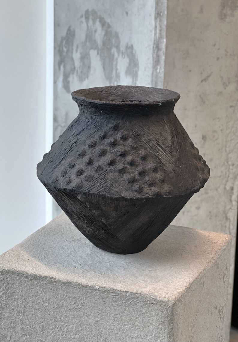 Rustic Black African Pottery-Style Lobi Paper Mache Vessel 1