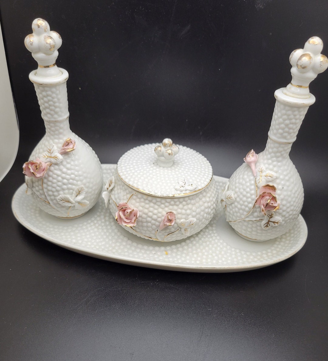 Vintage Porcelain Vanity Set, 7piece Floral Dresser Set, Hand Painted