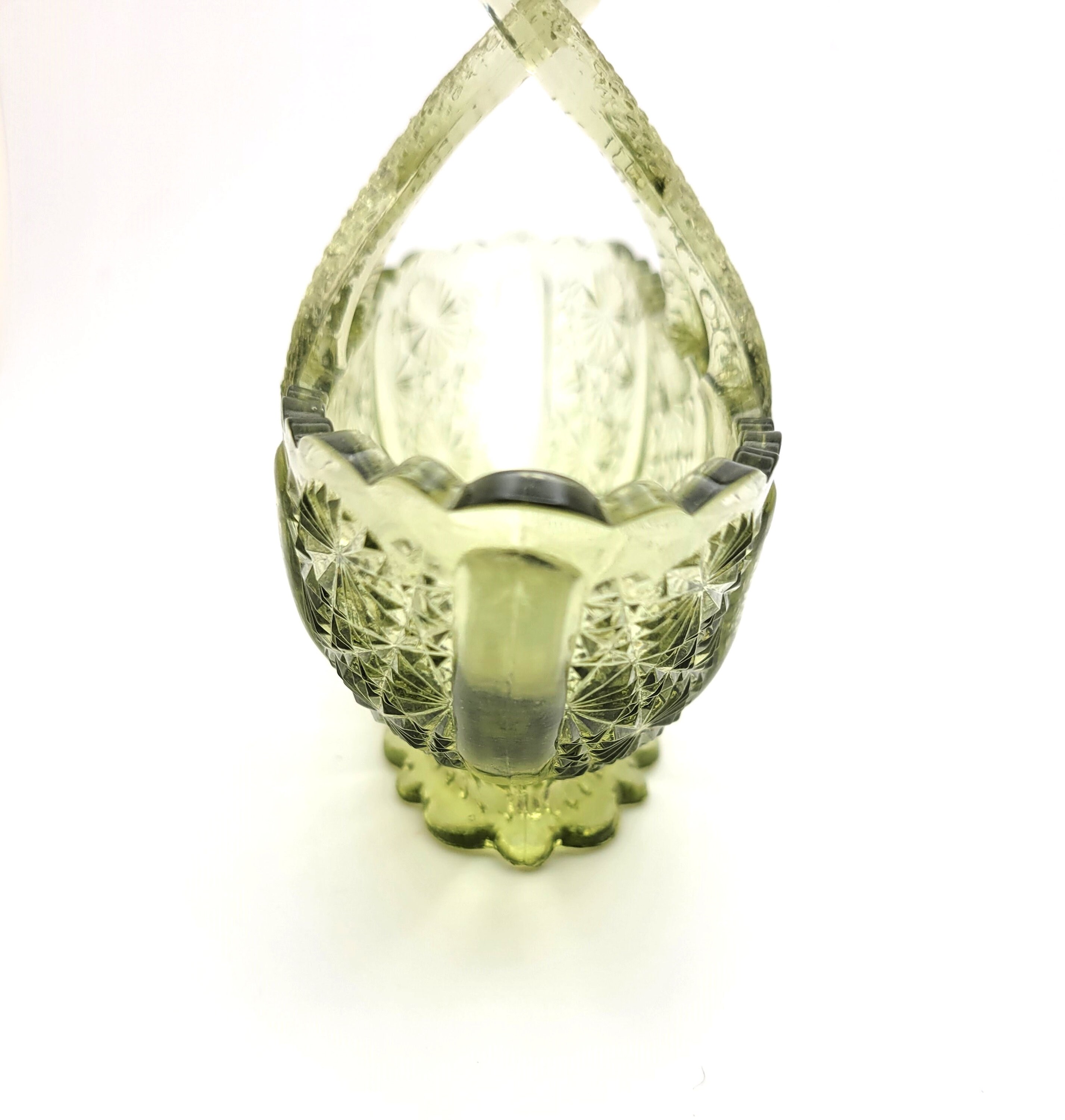 Fenton Green Glass Basket, Colonial Daisy & Button Pattern Fenton Art