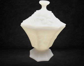 Vintage Anchor Hocking Milk Glass Candy Bowl: Harvest Grape, Octagon Footed