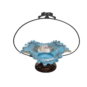 Antique Silverplated Bridal Basket: Hand-Painted Enamel Glass Bowl