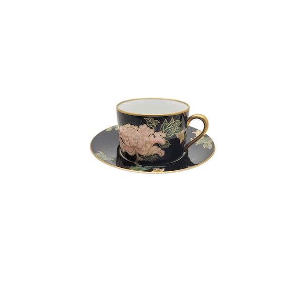 Fitz & Floyd Cloisonne Peony Black Cup Set, Cup and Saucer, 1970s China, Collectible China, Coffee Cup, Floral Cup Set, Teacup and Saucer