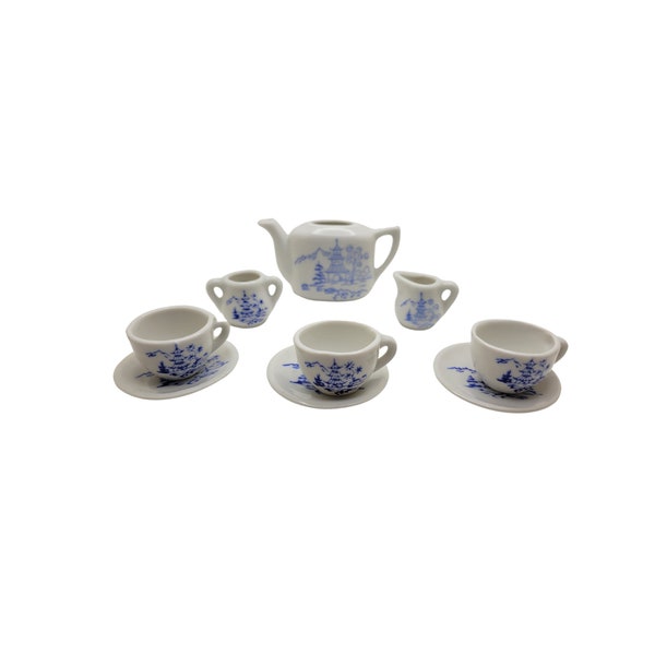 Miniature Blue & White Tea Set, Tea Set for a Child, Mini Tea Set, Collectible Tea Set, Toy Tea Set, Girls Birthday Gift, Japanese Style,