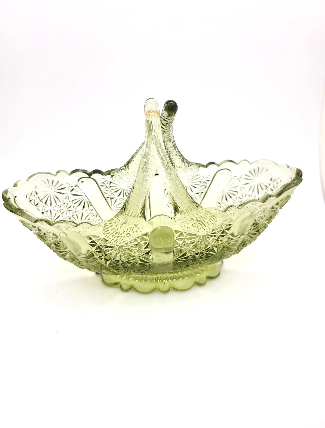 Fenton Green Glass Basket, Colonial Daisy & Button Pattern Fenton Art