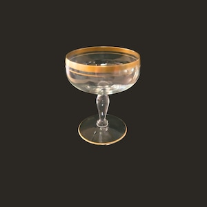 Vintage 1980s Crystal Champagne Coupe: Gold Band Art Deco Stemware