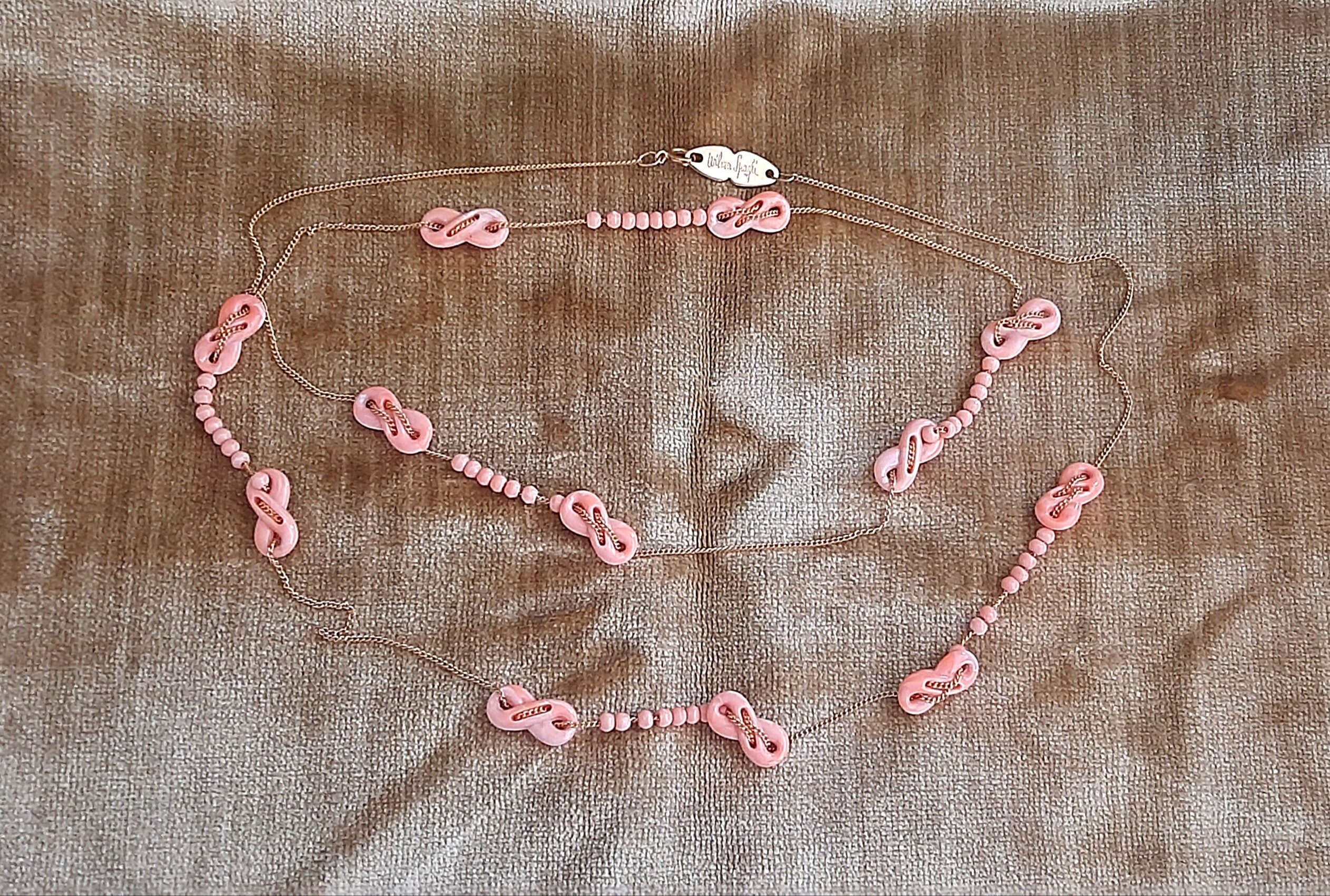 Collier Sautoir Vintage Doré & Résine Corail WILMA SPAGLI - Bijou Rétro Occasion Bon État