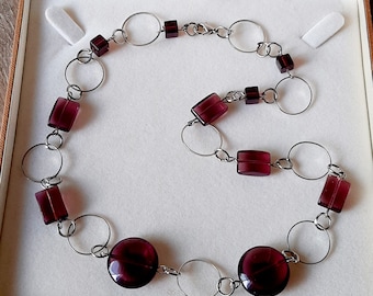 Vintage Chain Necklace with Burgundy Glass Beads