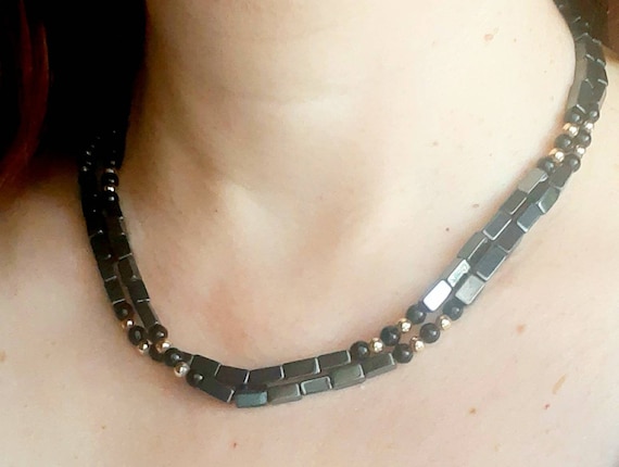Vintage Hematite Beaded Necklace Two Strands Neck… - image 3