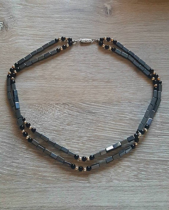 Vintage Hematite Beaded Necklace Two Strands Neck… - image 8