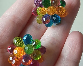 Vintage Multicolor Faceted Beads Button Earrings