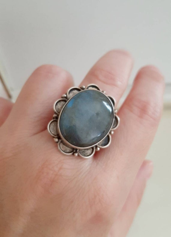 Oval Labradorite Stone Silver Statement Ring - image 3