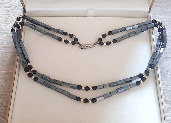 Vintage Hematite Beaded Necklace Two Strands Neck… - image 1