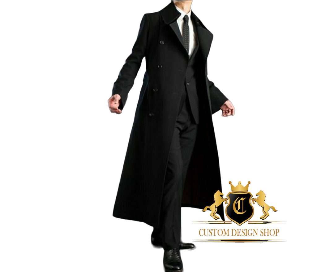 Men's Black Trench Coat Long Trench Coat Men's Black Overcoat Business