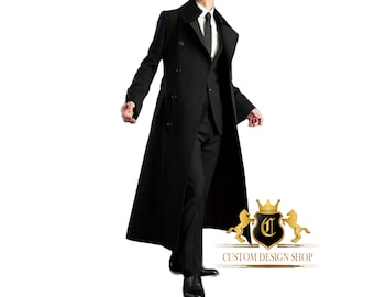 Men's Black Trench coat | Long Trench Coat | Men's black Overcoat | Business Woollen Long coat | Handmade Overcoat