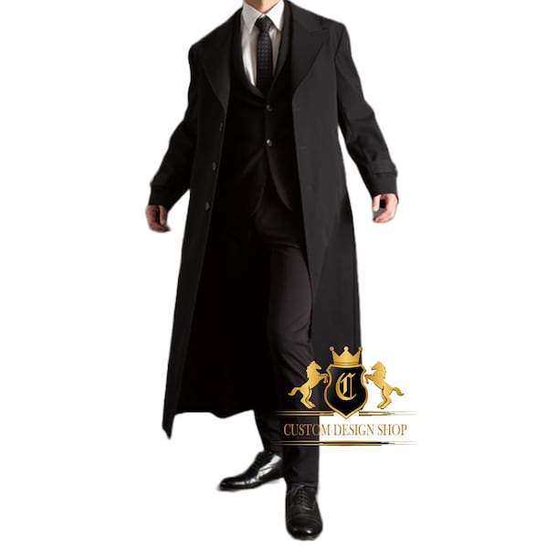 Herren Schwarzer Trenchcoat | Schwarzer Wollmantel | Herren Gothic Cosplay Trenchcoat | Handgemachter langer Vintage Mantel | Besonderes Geschenk für Ihn