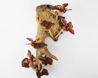 Painted Bee Wall Art on Natural Wood | Handmade Rustic Insect Decor | Nature Wall Hanging | Forest Cottagecore Gift