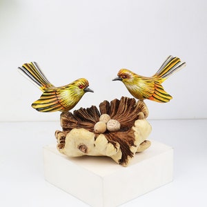 Rustic Yellow Canary Bird Pair with Nest Egg, Handmade Wood Figurines, Cute Painted Wooden Canary Birds, Spring Farmhouse Deco, Valentine