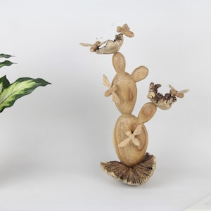 Wooden Cactus Deco with Wooden Bee Sculpture on Top | Height 29cm, Table Decor, Cactus Sculpture, Gift For Him, Handmade Valentine Day Decor