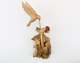 Wooden Hummingbird Wall Art | Hand Carved Driftwood Decor | Natural Bird Sculpture | Rustic Fungi Art | Unique Nature Gift