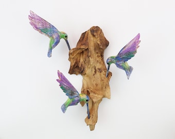 Rainbow Hummingbird Wall Art, Driftwood Bird Sculpture, Colorful Wooden Wall Decor, Nature Inspired Home Decor, Handmade Gift BH001