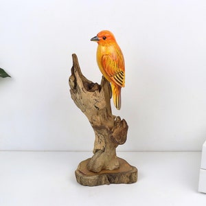 Hand-Painted Canary Bird Driftwood Sculpture | Unique Wood Carving Décor | Natural Driftwood Art for Bird Lovers and Valentine Gift Deco