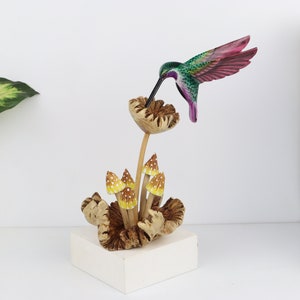 Colorful Hummingbird Feeding on Flower with Painted Mushroom Sculpture, Wooden Hummingbird, Handmade, Rustic, Table Deco, Valentine Gifts