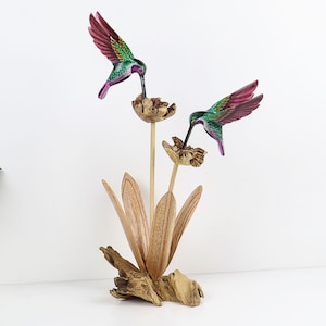 Vibrant Wooden Hummingbird Duo Feeding on Blossoms, Painted Wood Carvings, Rustic, Indoor, Table Decor, Handmade, Art, Gift For Valentine