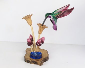 Rustic Wooden Candle Holder featuring Colorful Hummingbird and Purple Mushroom Sculpture, Candle Holder for Table Decor, Handmade Gifts