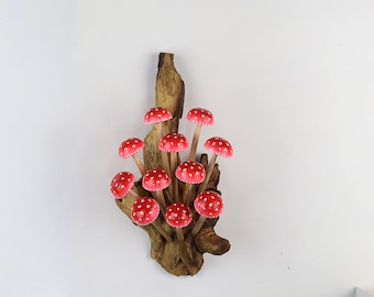 Hand-Painted Red Mushroom Wall Art, 3D Sculpture Wall Hanging, Wooden Wall Decor, Rustic Home Decor, Nature-Inspired Art, Valentine Ornament