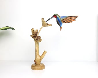Blue Hummingbird Art Feeding on Flower, Hand-Painted Bird Ornament, Wooden Bird Statue, Wood Carving, Bird Lover Gift, Valentine Gifts.
