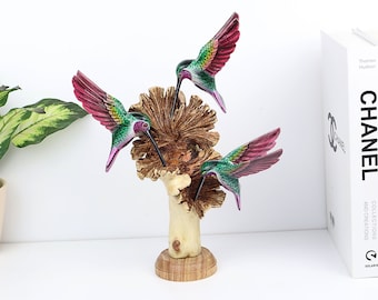 Colorful Hummingbird Wood Sculpture | Hand Painted 3 Hummingbirds Carving | Bird Figurine Decor | Nature Home Gift