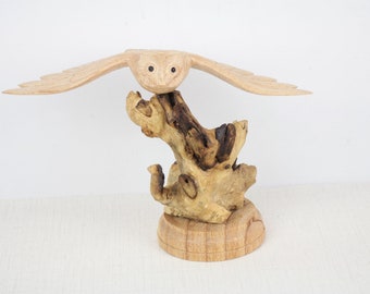 Wooden Owl on Tree, Table Deco, Hand Carved Bird Statue, Office Deco, Unique Ornament, Tropical, Gift for Valentine Day, Housewarming Gifts