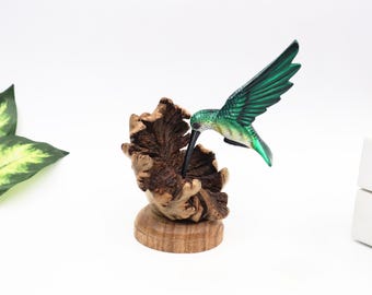 Green Hummingbird Wood Sculpture | Hand Painted Bird Carving | Nature Decor Figurine | Wildlife Art Accent | Unique Gift BH002