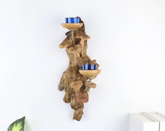 Hölzerner Kerzenhalter-hängende Wandkunst mit Pilzschnitzerei, Wandkerzenhalter für Innendekoration, Geschenk für sie, ihn, Valentinstaggeschenke