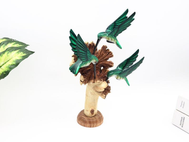 Green Hummingbird Wood Sculpture | Hand Painted 3 Hummingbirds Carving ...