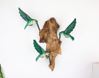 Green Hummingbird Wall Art, Driftwood Wood Sculpture, Tropical Bird Wall Decor, Handmade Nature Art, Unique Home Gift BH001