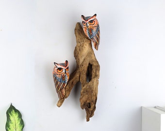 Colorful Owl Wall Art | Hand Painted Wooden Owl Sculpture | Rustic Driftwood Wall Decor | Bird Wall Hanging Gift