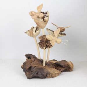 Wooden Bees on Flowers Sculpture, Table Deco, Figurine, Wood Carving, Insect Statue, Nursery Deco, Wedding Gift, Valentine, Handmade Deco