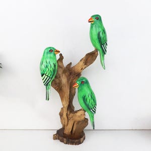 Group of Canary Birds on a Driftwood, Green Color, Painted Figurine, Wooden Ornament, Unique Sculpture, Home Table Decor, Valentine Day Gift