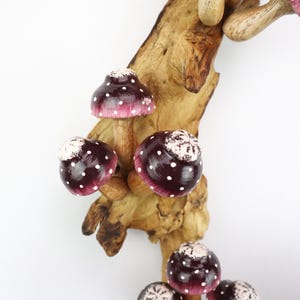 Pu&ograve; includere: Un gruppo di funghi in legno fatti a mano, con cappelli bordeaux e pois bianchi, attaccati a un ramo di legno naturale. Questi funghi decorativi sono ideali per l'arredamento d'interni.