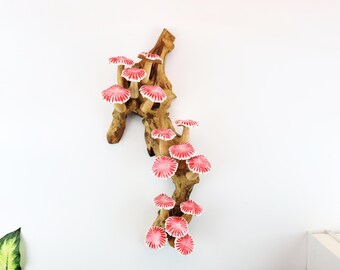 15-inch Chanterelle Mushroom Wall Art | Red Wooden Driftwood Sculpture | Hand-Carved Rustic Wall Hanging | Christmas Nature Decor Gift MH001