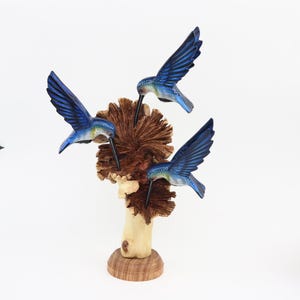 Hand-Painted Blue Wooden Hummingbird Sculpture, Triple Blue Hummingbird Figurine, Carved Bird Art, Home Decor, Unique Gift for Bird Lovers