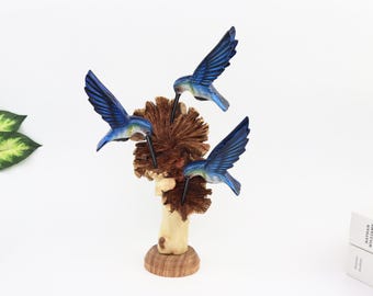 Blue Hummingbird Wood Sculpture | Hand Painted 3 Hummingbirds Carving | Bird Figurine Decor | Nature Home Gift
