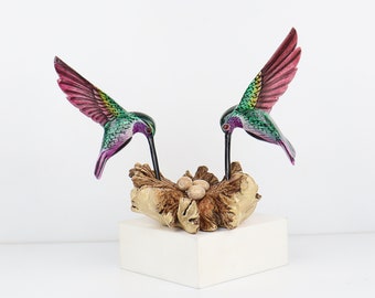 Hand Painted Hummingbird Figurine Couple with Eggs, Colorful Bird Sculpture, Wildlife Art, Unique Home Decor, Gift for Bird Enthusiast.
