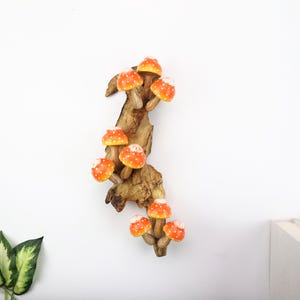 Pu&ograve; includere: Una scultura decorativa in legno con diversi funghi arancioni e bianchi a pois attaccati a un pezzo di legno. I funghi hanno un aspetto luminoso e il legno ha un aspetto naturale e strutturato.