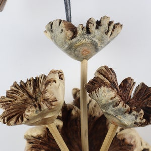 K&ouml;nnte beinhalten: Nahaufnahme einer Holzblumenskulptur. Die Skulptur zeigt drei bl&uuml;tenartige Formen mit aufwendigen, strukturierten Details in Braun- und Beiget&ouml;nen. Jede Bl&uuml;te ist auf einem schlanken Holzstiel befestigt, mit einer vierten Bl&uuml;te im Hintergrund. Der Hintergrund ist wei&szlig;.