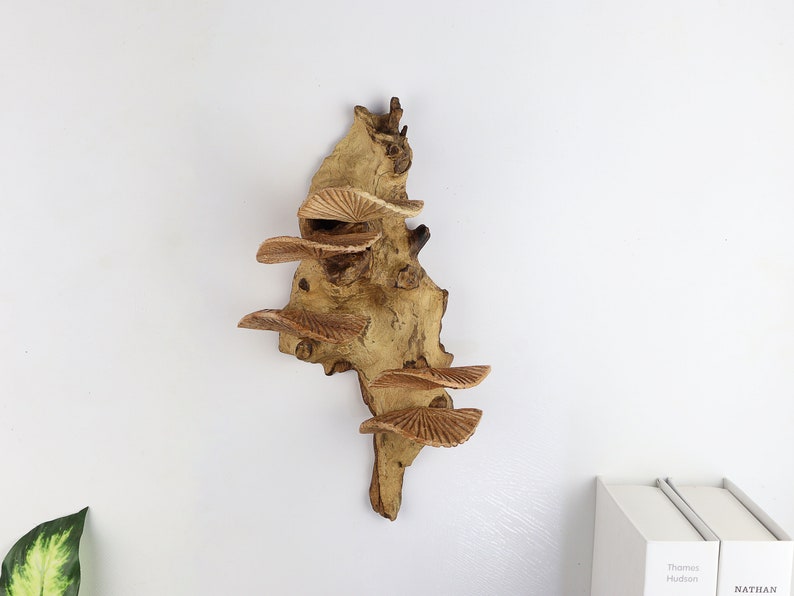 K&ouml;nnte beinhalten: Ein Wandregal aus Holz mit einer nat&uuml;rlichen Holzoptik und einer einzigartigen, organischen Form. Das Regal hat vier Ebenen, die jeweils die Form eines Pilzdeckels haben.