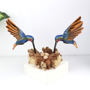 Couple Blue Hummingbird Art Figurine With Egg, Wood Couple Bird Painting, Nature Inspired Artwork, Christmas Gifts, Handmade Valentine Gift