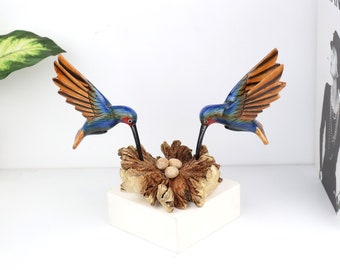 Couple Blue Hummingbird Art Figurine With Egg, Wood Couple Bird Painting, Nature Inspired Artwork, Home Decor Gift, Rustic, Mothers Day Gift