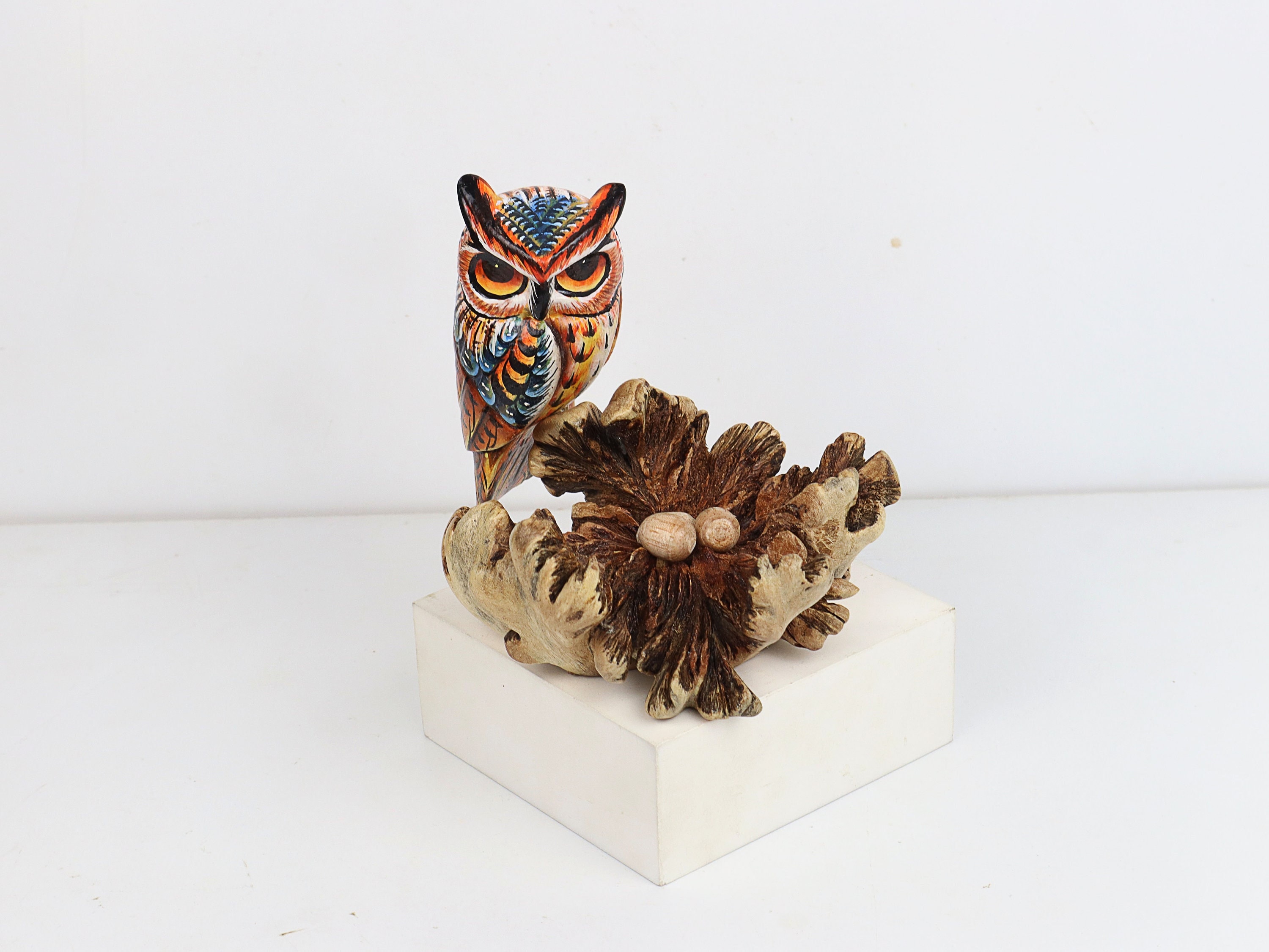 Hand-Painted Wooden Owl on Parasite Wood with Eggs – Unique Handcrafted Decor, Eco-Friendly Ar